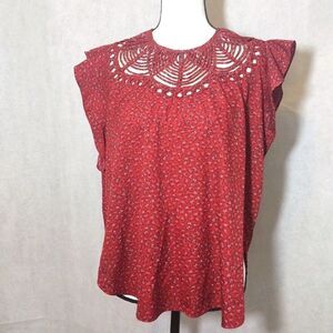 Ranna Gil Cutout Red Floral Ruffle Sleeve Tank Sm